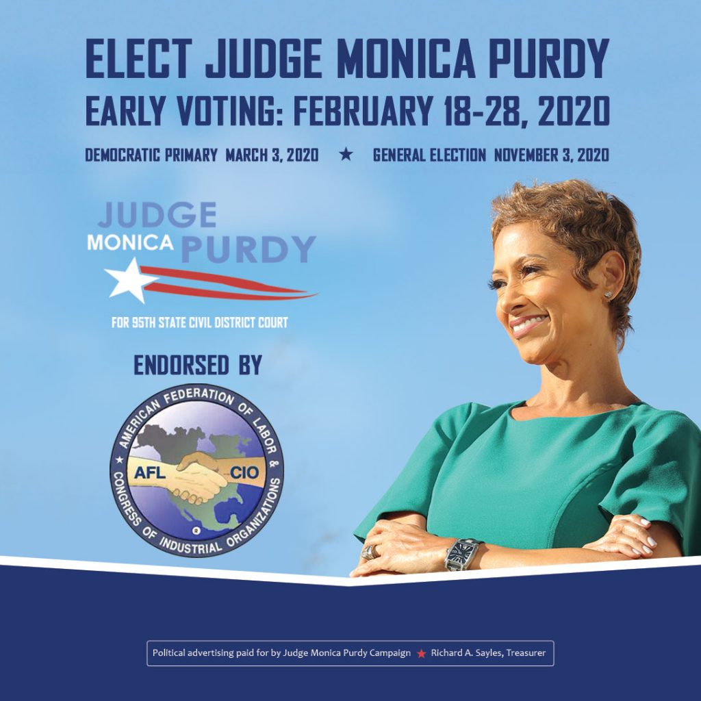 Judge Monica Purdy endorsed by Dallas AFL-CIO